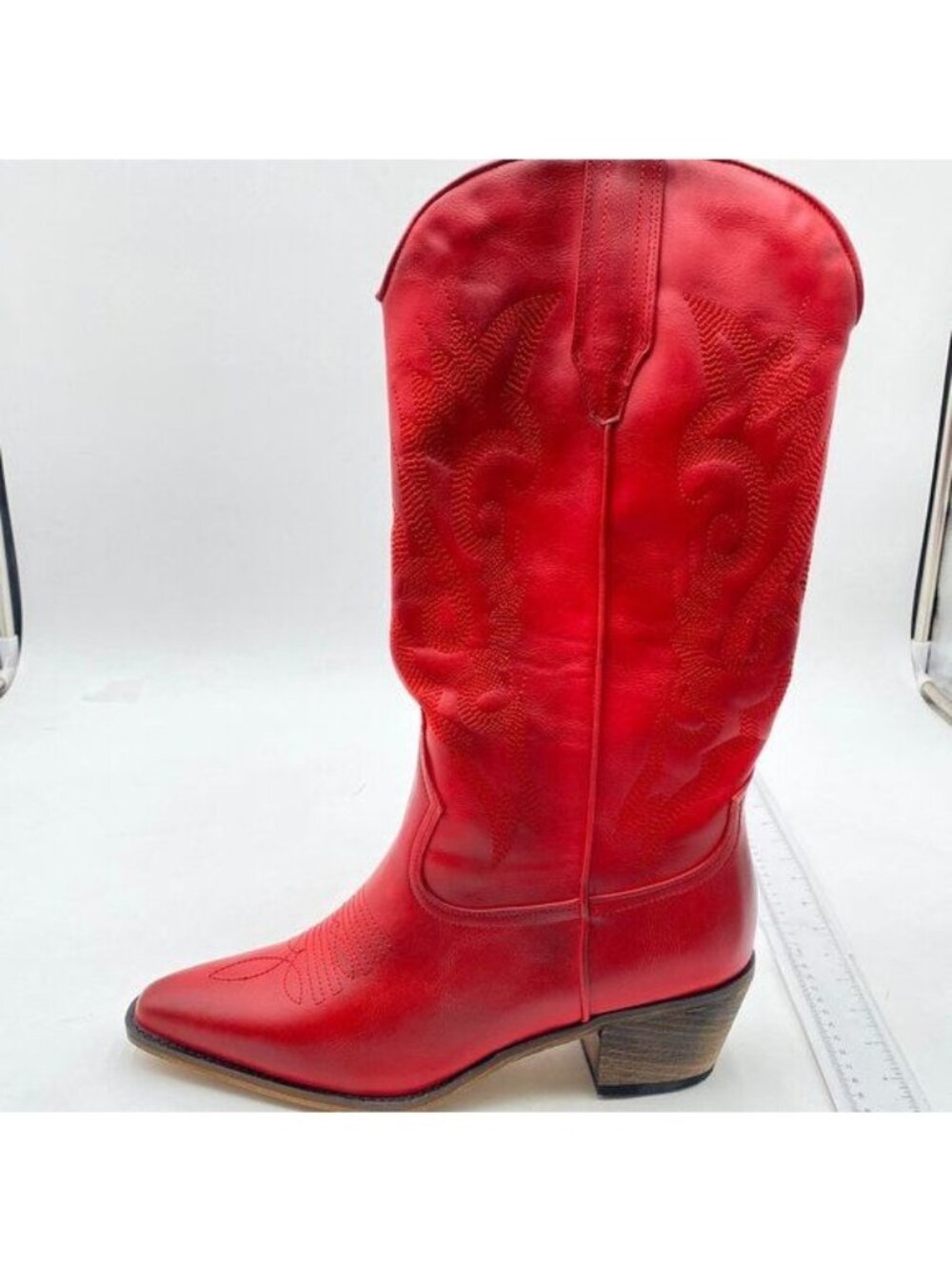 Red Cowboy Boot Pull On Western Pointed Toe Chunky Heel Cowgirl Mid Calf Boots